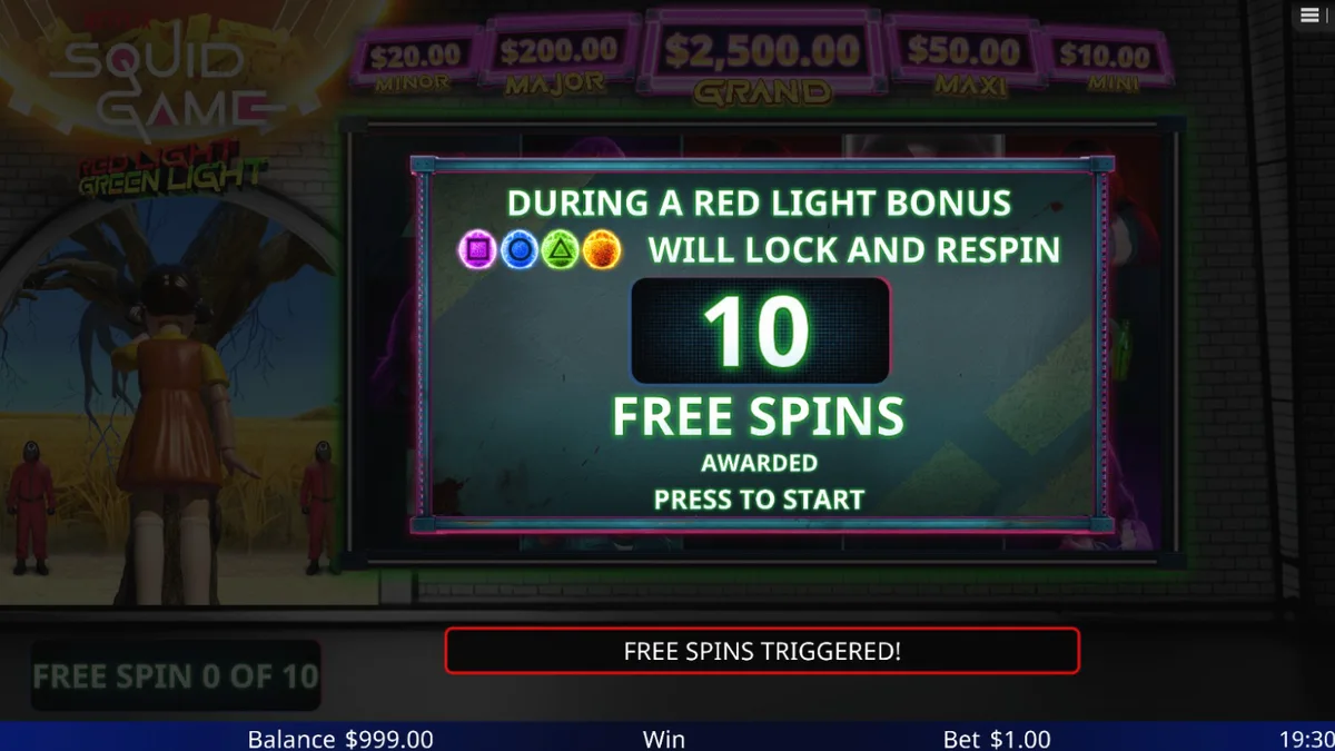 Squid Game: Red Light, Green Light slot machine screen