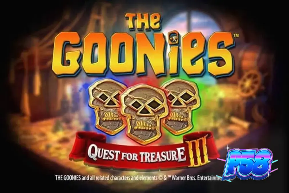 The Goonies Quest for Treasure 3 slot interface na nagpapakita ng mga karakter at treasure map.